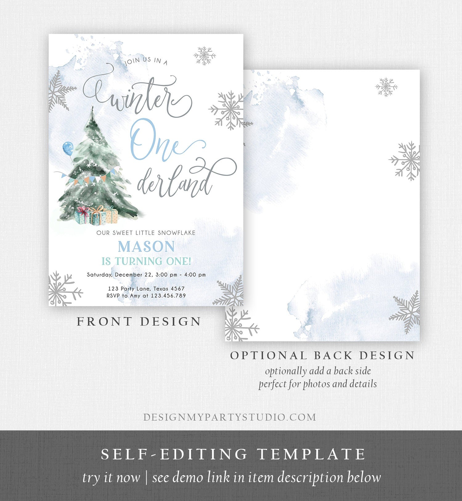 Editable Winter ONEderland Birthday Invitation First Birthday 1st Boy Watercolor Tree Christmas Snowflake Digital Template Printable 0363