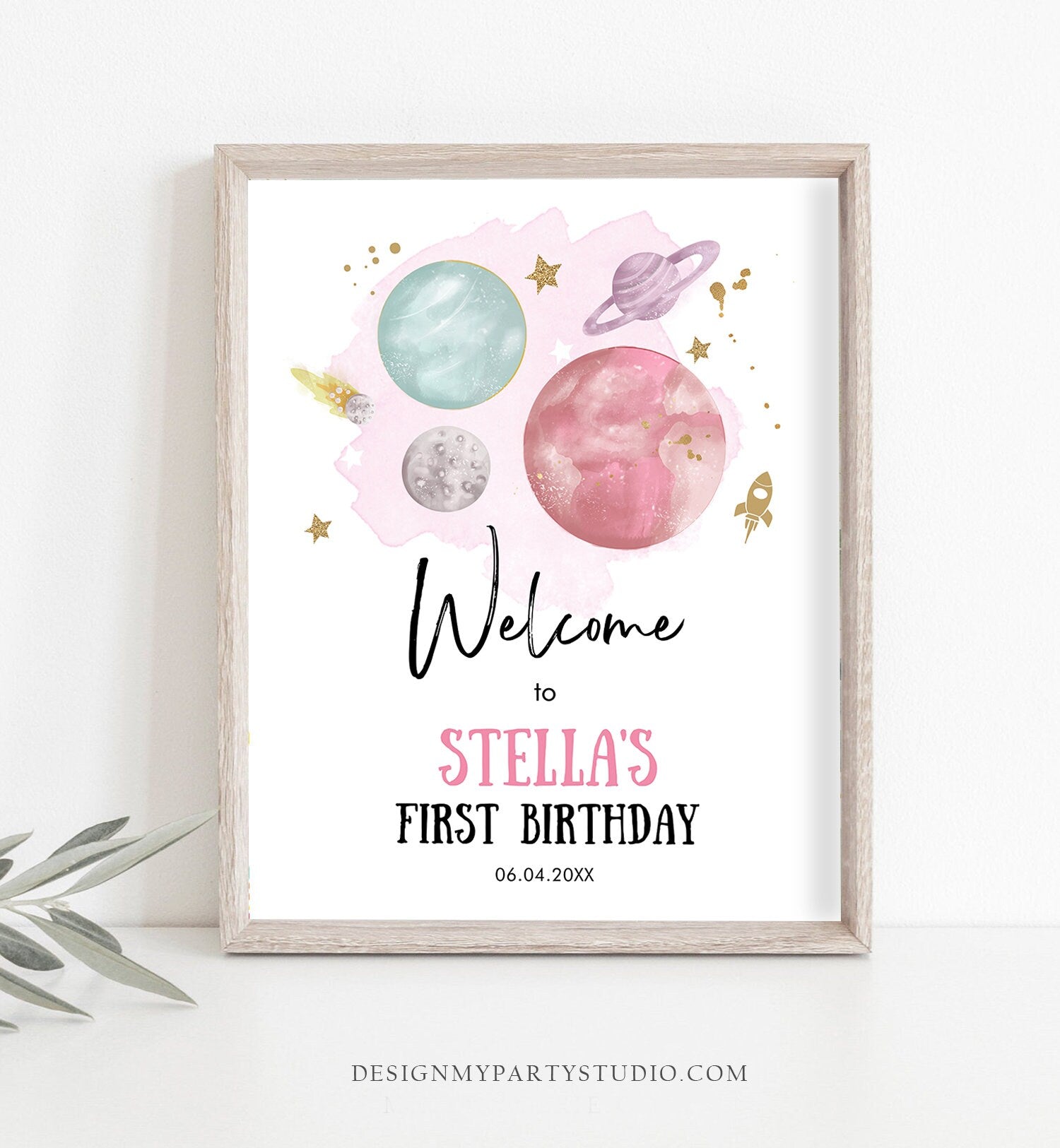 Editable Outer Space Birthday Welcome Sign 1st Birthday Girl Pink Galaxy Planets Trip Around the Sun Astronaut Template PRINTABLE Corjl 0357