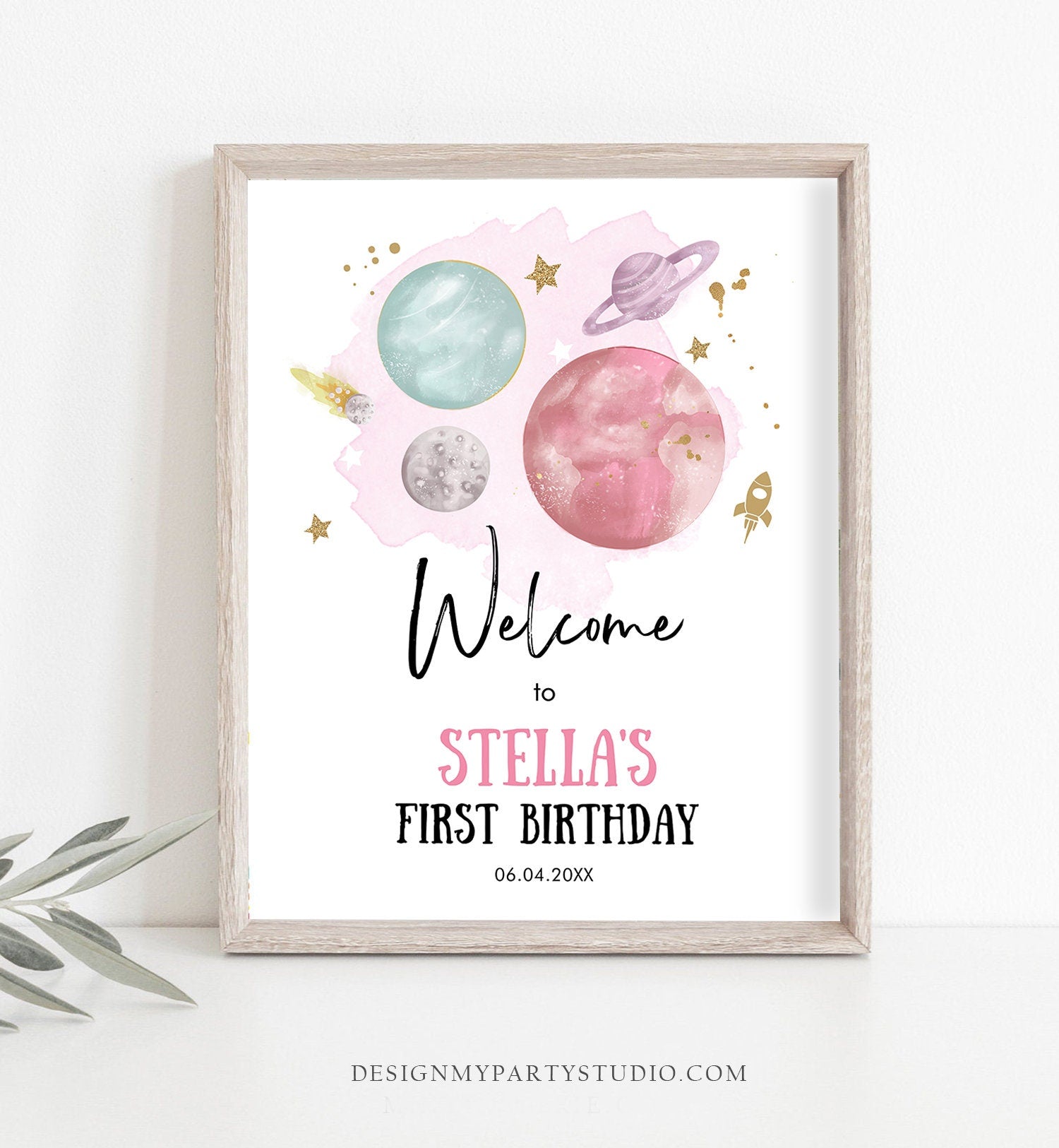 Editable Outer Space Birthday Welcome Sign Birthday Girl Pink Galaxy Planets Trip Around the Sun Digital Download Template Printable 0357