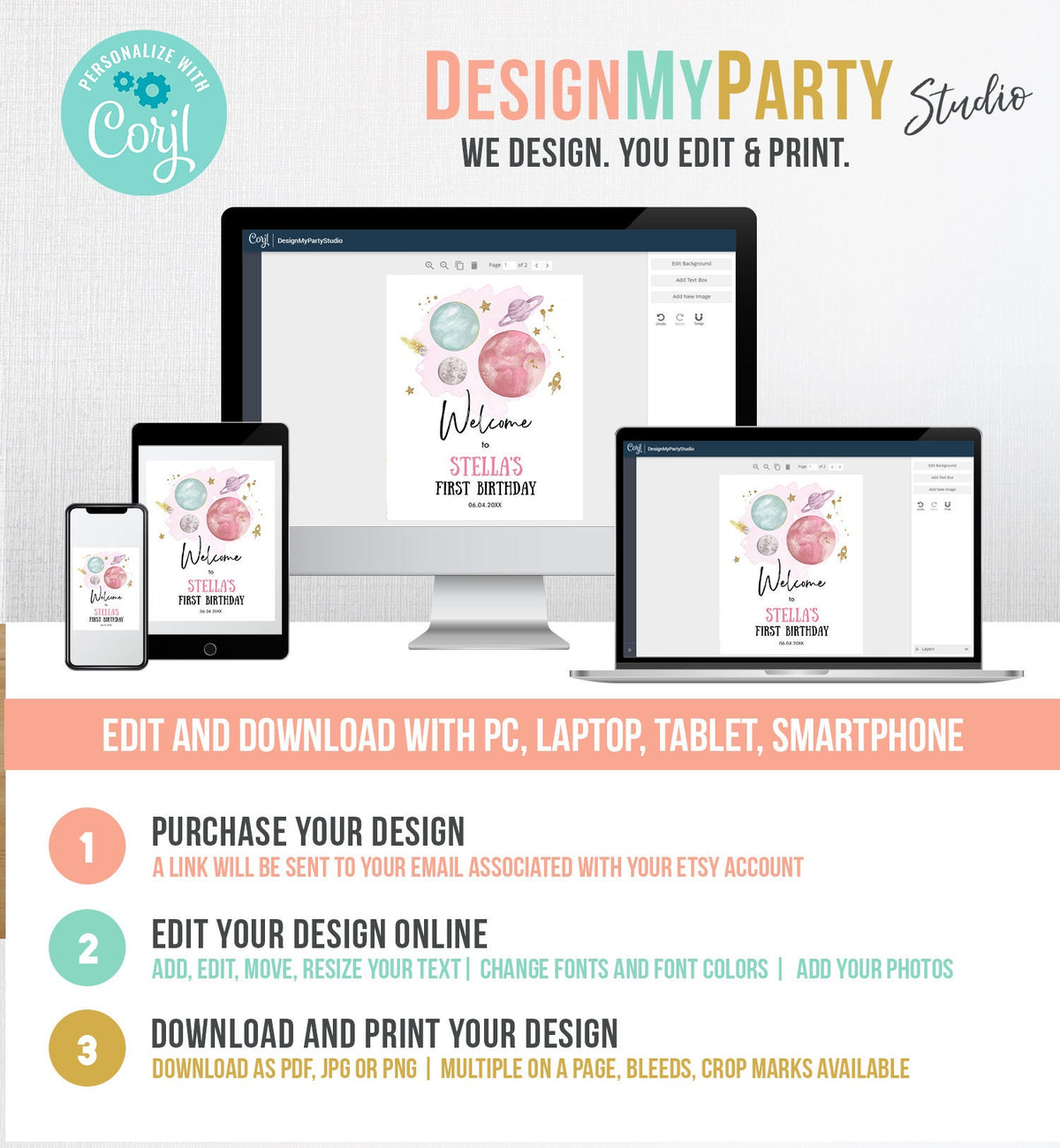 Editable Outer Space Birthday Welcome Sign Birthday Girl Pink Galaxy Planets Trip Around the Sun Digital Download Template Printable 0357