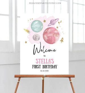 Editable Outer Space Birthday Welcome Sign 1st Birthday Girl Pink Galaxy Planets Trip Around the Sun Astronaut Template PRINTABLE Corjl 0357