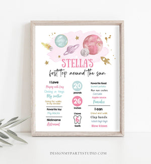 Editable Outer Space Birthday Milestones Sign First Trip Around the Sun Girl 1st Birthday Space Galaxy Planets Template Printable Corjl 0357