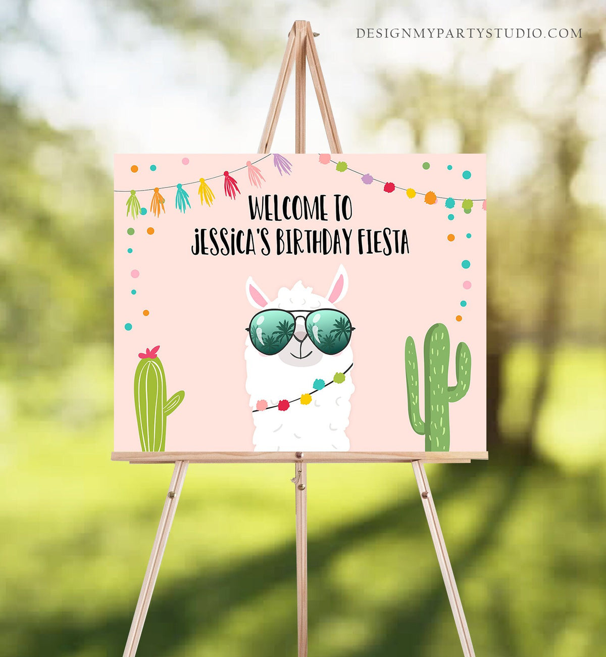 Editable Llama Welcome Sign Sunglasses Birthday Party Whole Llama Alpaca Poster Girl Pink Mexican Fiesta Baby Shower Corjl Template 0079