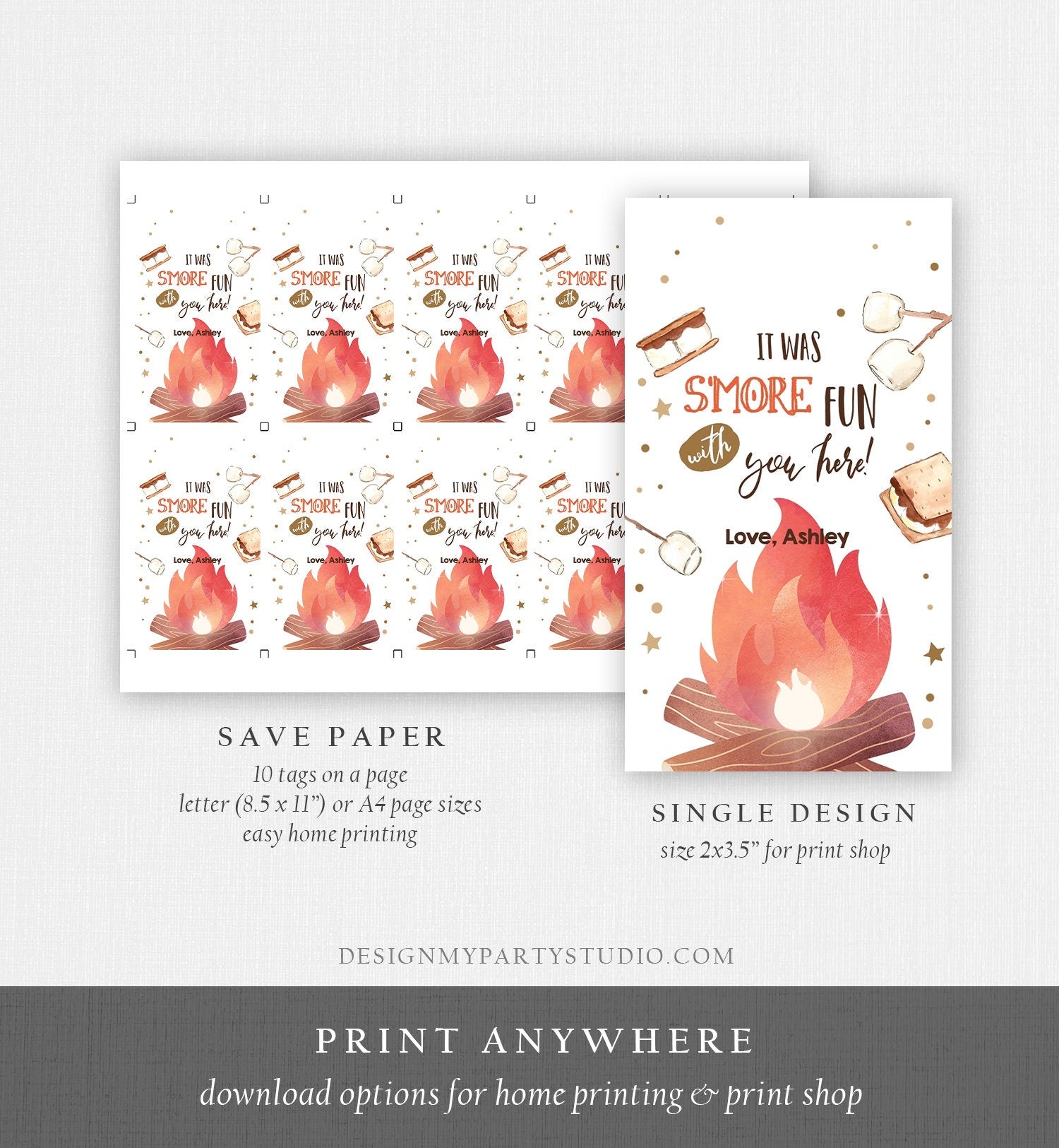 Editable S'more Favor Tags Thank you Backyard Bonfire Party Birthday Bonfire Smore Fun with you Baby Shower Fall Template PRINTABLE 0179