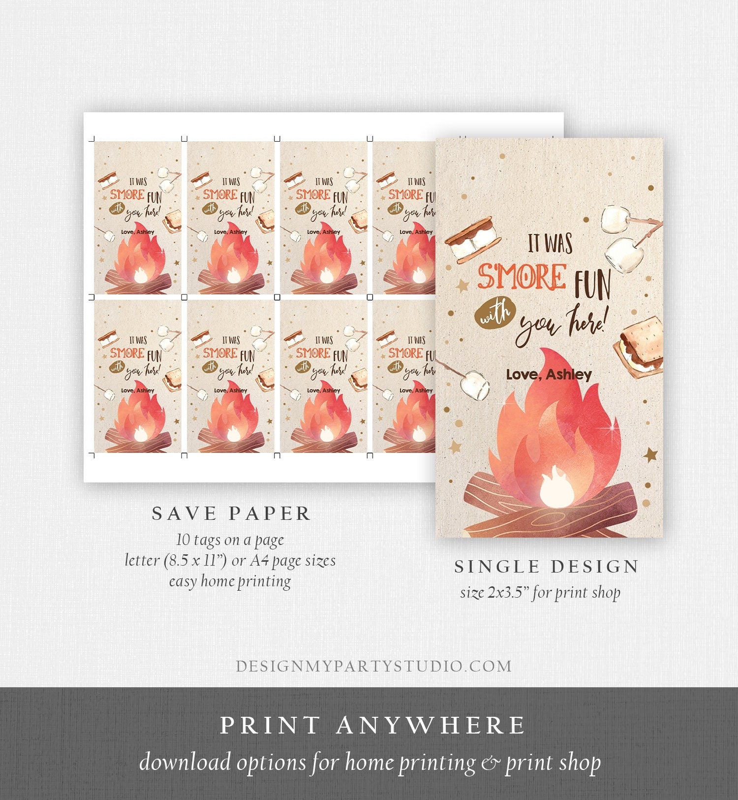 Editable S'more Fun Favor Tags Thank you Backyard Bonfire Party Birthday Bonfire With You Shower Fall Digital Template Printable 0179