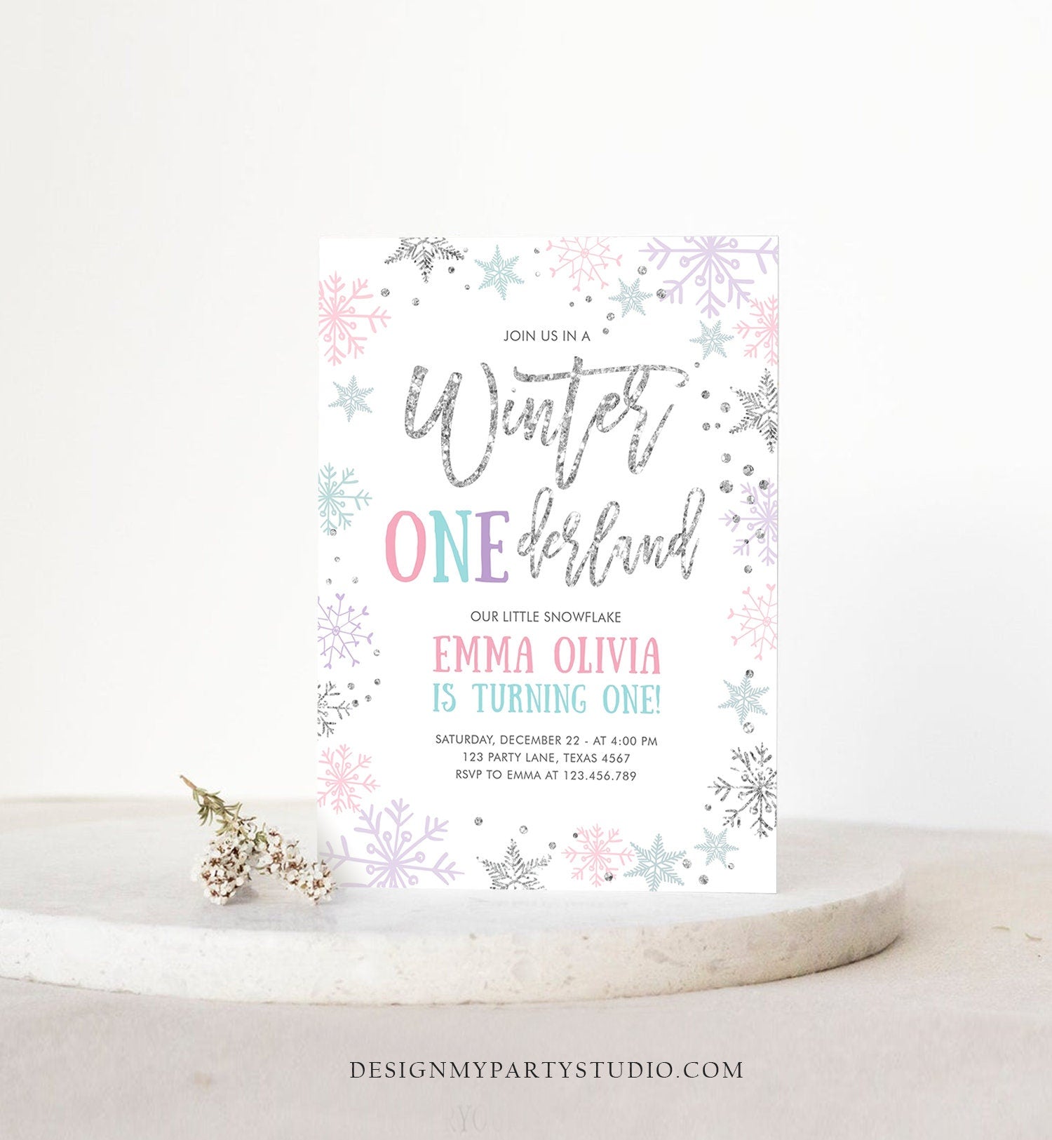 Editable Winter ONEderland Birthday Invitation First Birthday Snowflakes Pink Silver Purple Teal Ice Digital Evite Template Printable 0256