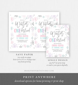 Editable Winter ONEderland Birthday Invitation First Birthday Snowflakes Pink Silver Purple Teal Ice Download Printable Template Corjl 0256