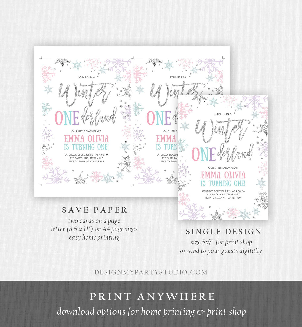Editable Winter ONEderland Birthday Invitation First Birthday Snowflakes Pink Silver Purple Teal Ice Digital Evite Template Printable 0256