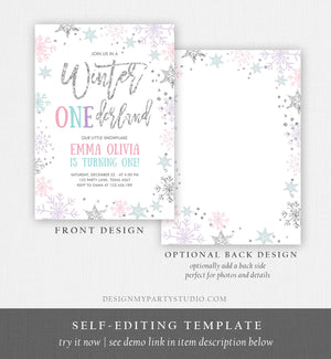 Editable Winter ONEderland Birthday Invitation First Birthday Snowflakes Pink Silver Purple Teal Ice Download Printable Template Corjl 0256