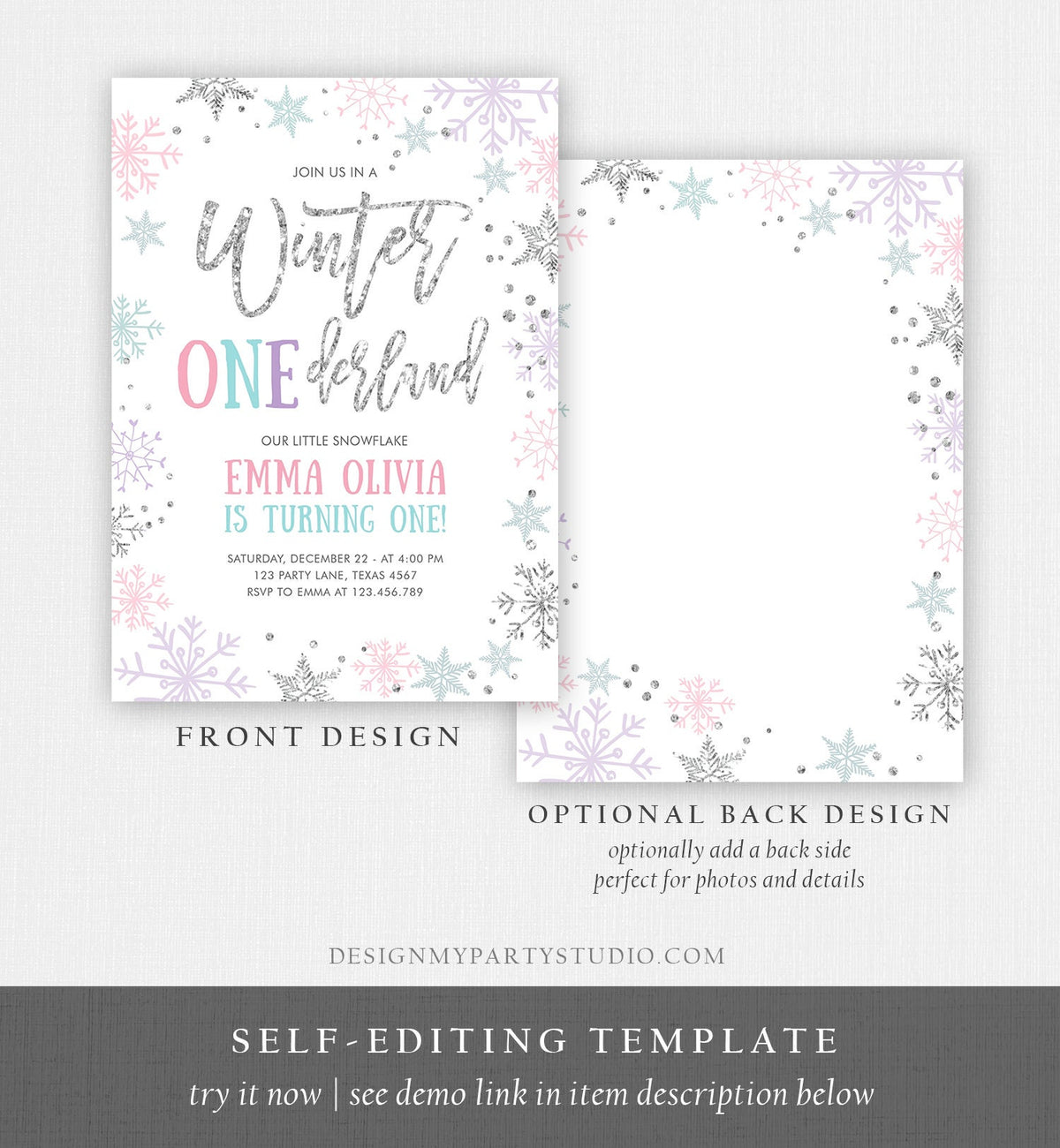 Editable Winter ONEderland Birthday Invitation First Birthday Snowflakes Pink Silver Purple Teal Ice Digital Evite Template Printable 0256