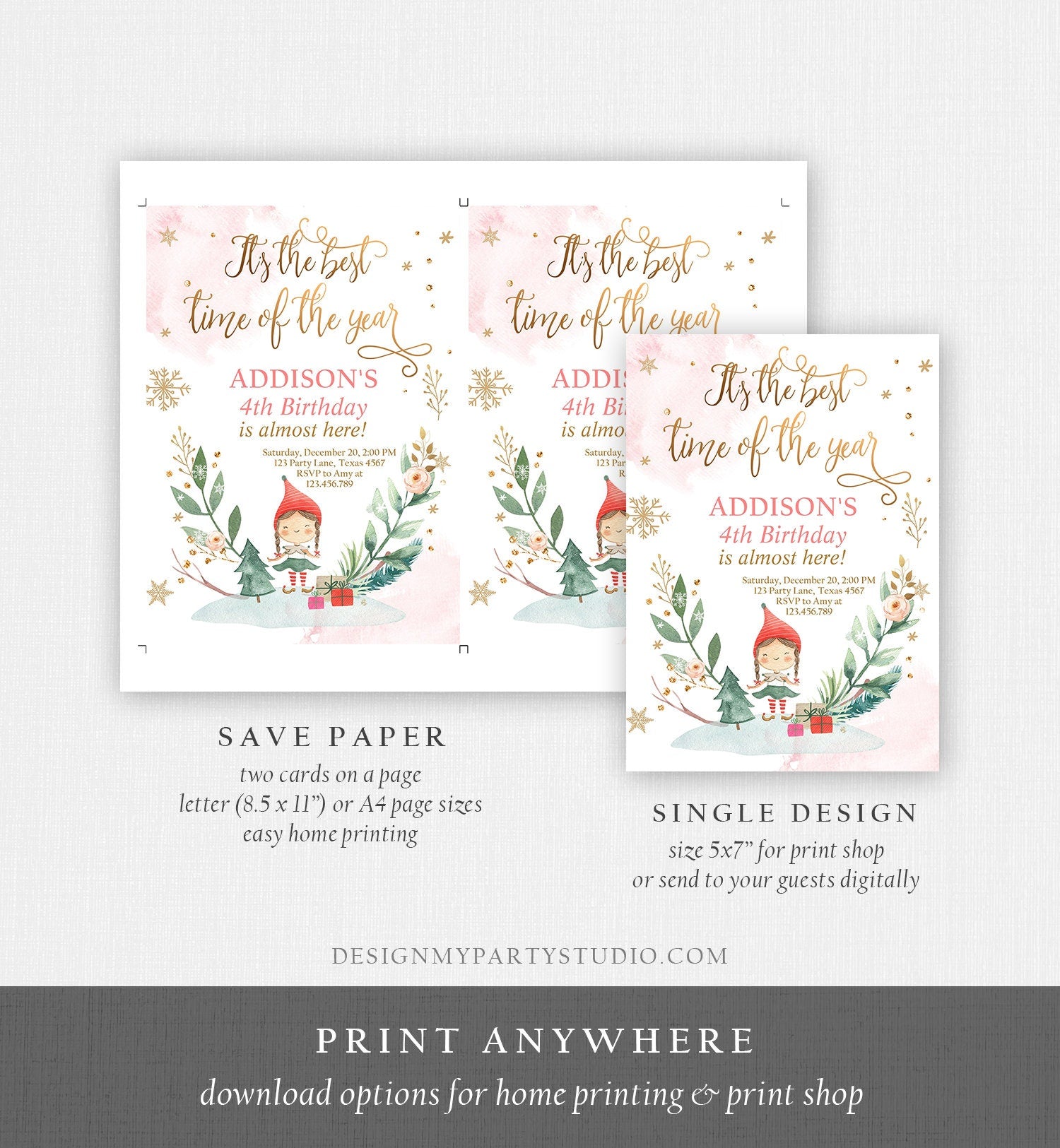 Editable Christmas Birthday Party Invitation Elf Birthday Invite Winter Best Time of The Year Girl Pink Digital Template Printable 0353