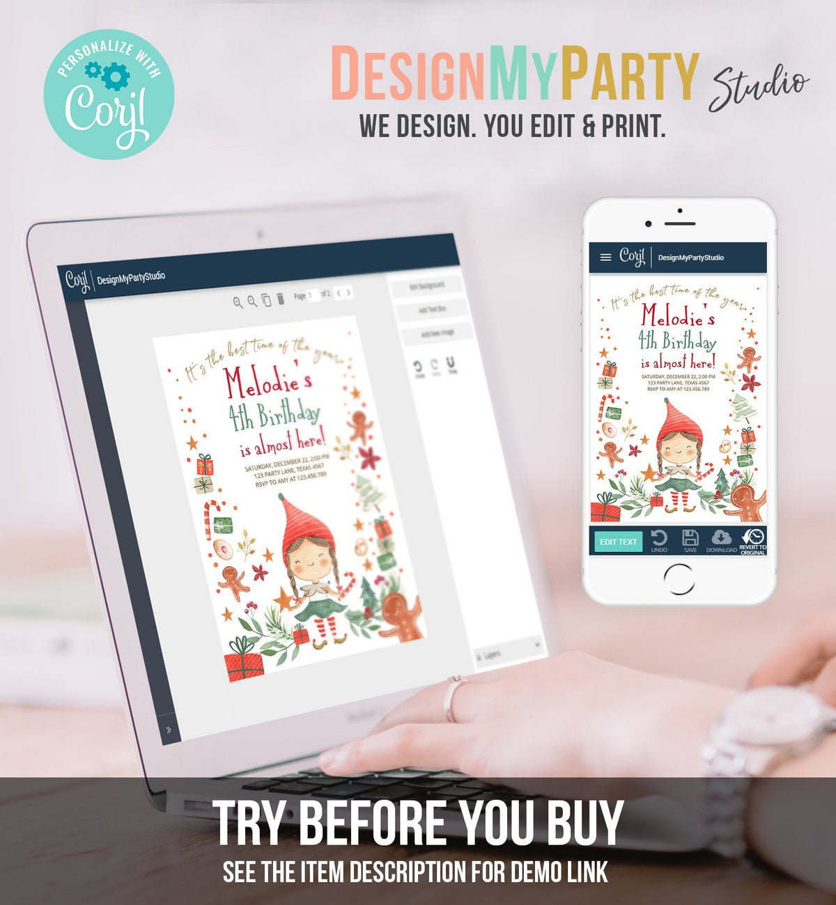 Editable Christmas Birthday Party Invitation Elf Birthday Invite Winter Best Time of The Year Girl Pink Gold Printable Template DIY 0358