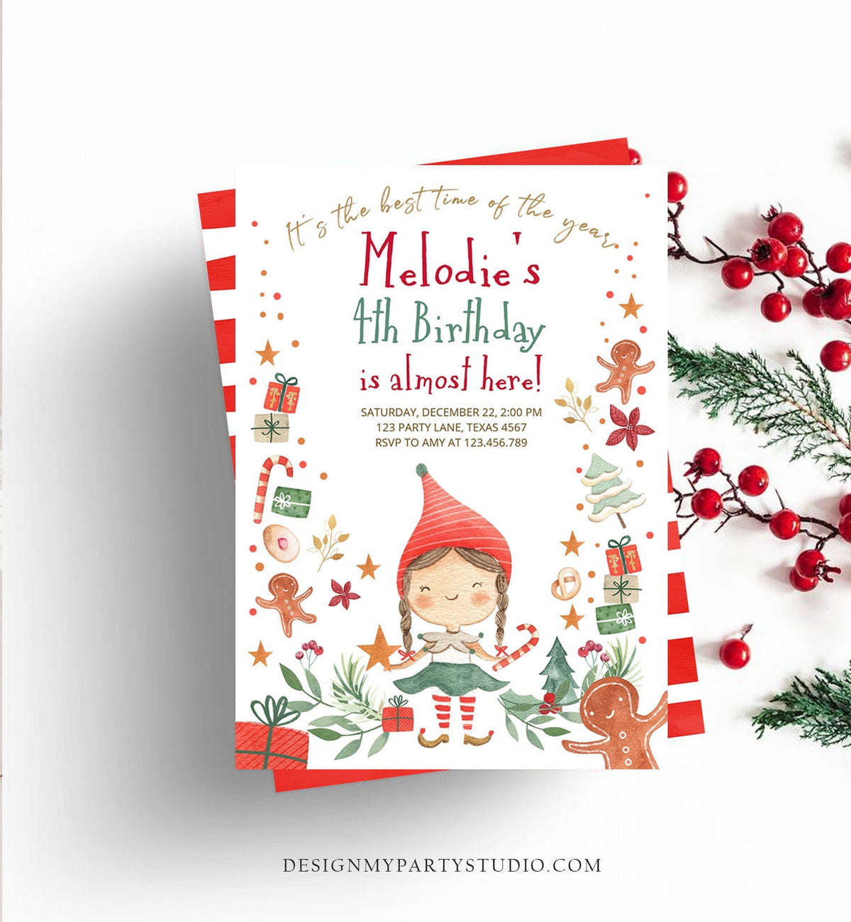 Editable Christmas Birthday Party Invitation Elf Birthday Invite Winter Best Time of The Year Girl Pink Gold Printable Template DIY 0358
