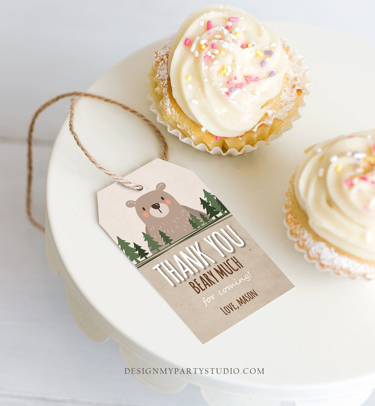 Editable Bear Favor Tags Thank you Beary much Little Cub Birthday Tag Label Baby shower Woodland Bear Woods Template PRINTABLE Corjl 0303