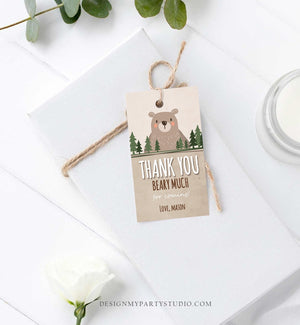 Editable Bear Favor Tags Thank you Beary much Little Cub Birthday Tag Label Baby shower Woodland Bear Woods Template PRINTABLE Corjl 0303