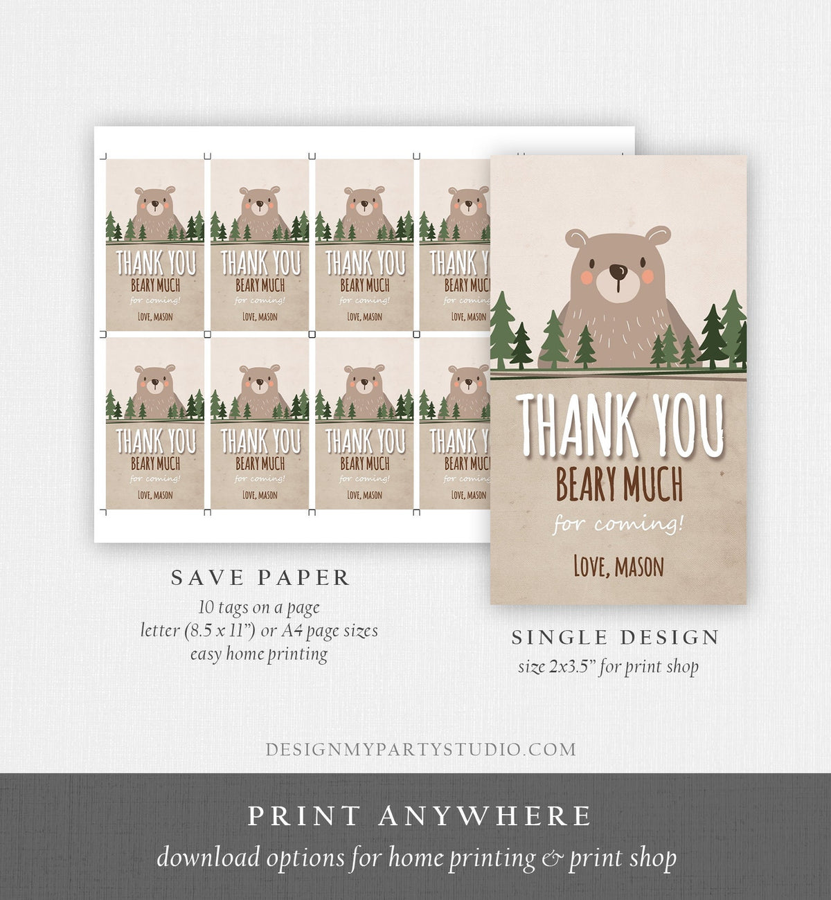 Editable Bear Favor Tags Thank you Beary much Little Cub Birthday Tag Label Baby shower Woodland Bear Woods Template PRINTABLE Corjl 0303