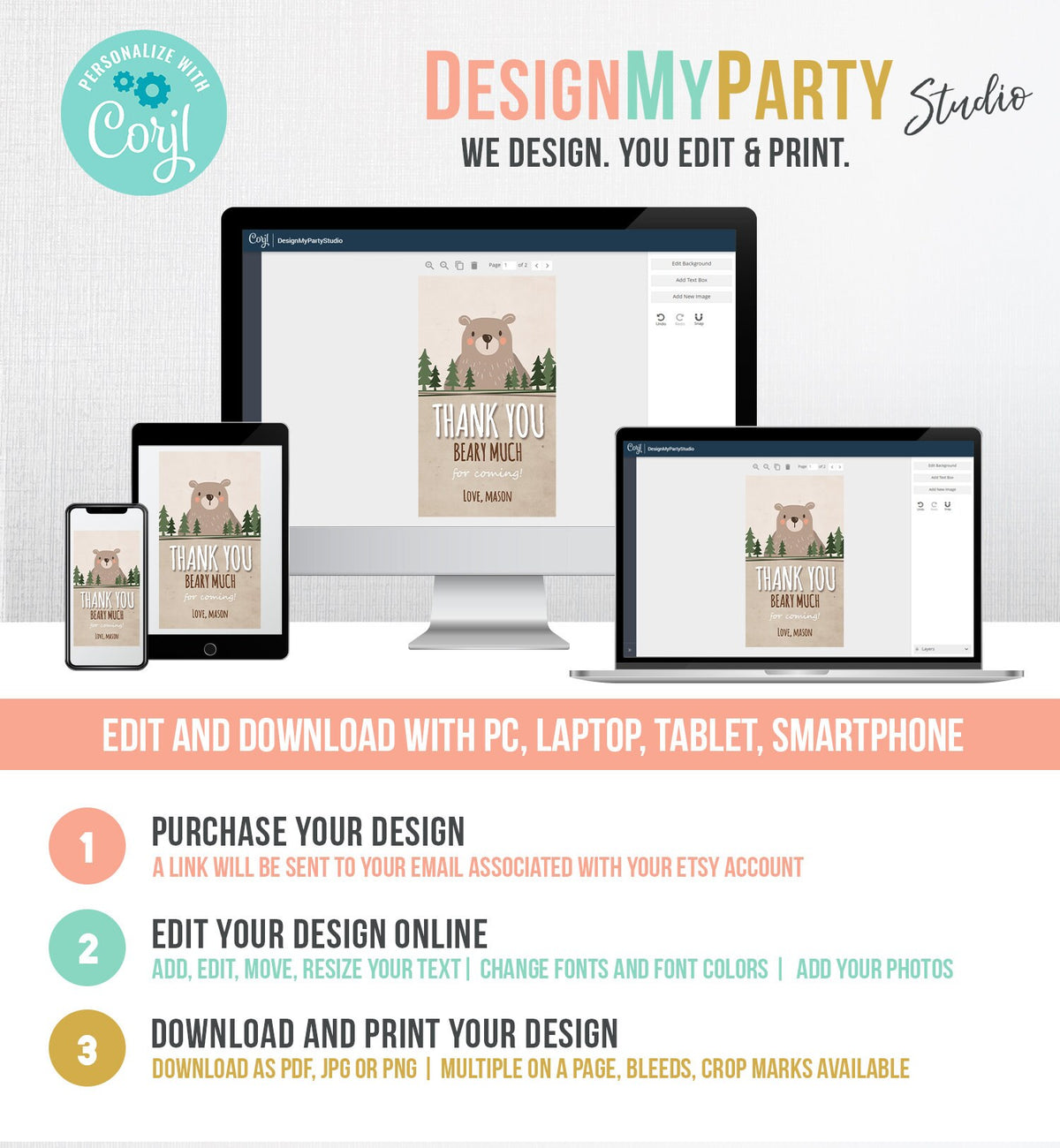 Editable Bear Favor Tags Thank you Beary much Little Cub Birthday Tag Label Baby shower Woodland Bear Woods Template PRINTABLE Corjl 0303