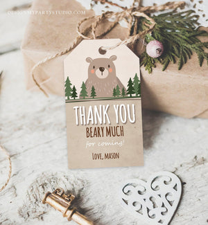 Editable Bear Favor Tags Thank you Beary much Little Cub Birthday Tag Label Baby shower Woodland Bear Woods Template PRINTABLE Corjl 0303