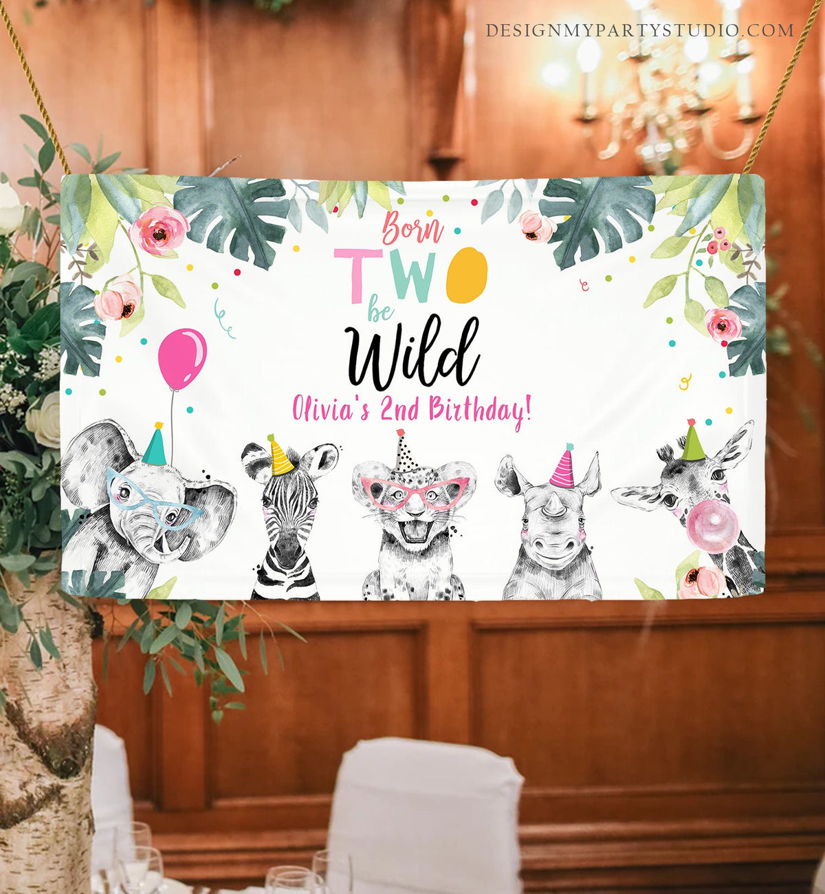 Editable Party Animals Birthday Backdrop Banner Safari Animals Girl Born Two Be Wild Welcome Sign Digital Download Template Printable 0322