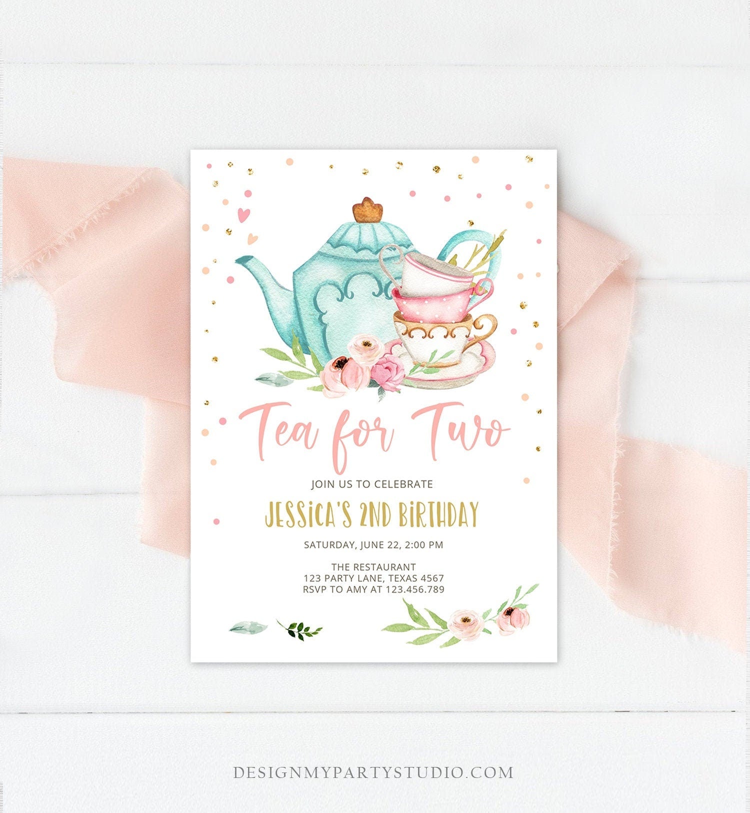 Editable Tea for Two Birthday Invitation Girl Tea Party Invite Pink Gold Floral Peach Pink Digital Download Evite Template Printable 0349