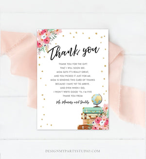 Editable Travel Thank You Card Adventure Traveling Note Bridal Baby Shower Pink Gold Floral Globe Digital Corjl Template Printable 0030