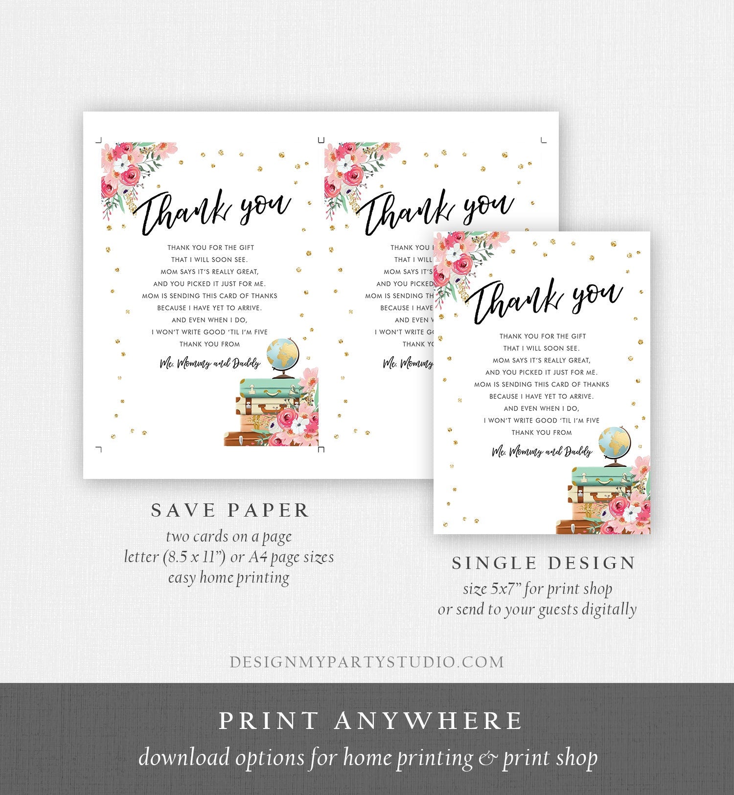 Editable Travel Thank You Card Adventure Traveling Note Bridal Baby Shower Pink Gold Floral Globe Digital Corjl Template Printable 0030