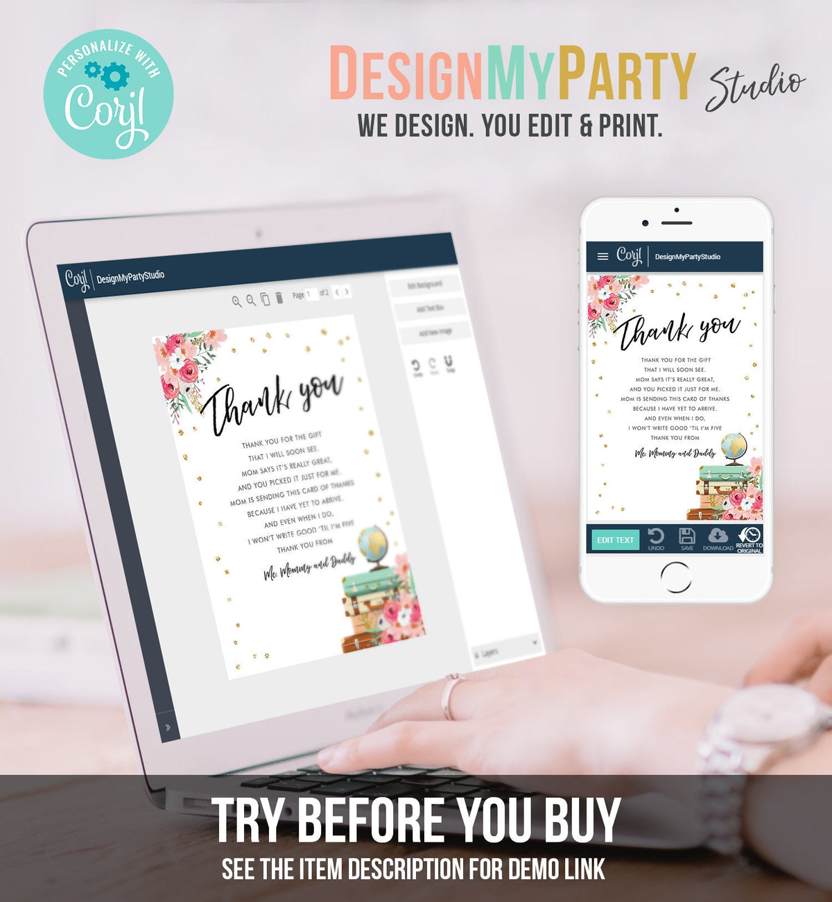 Editable Travel Thank You Card Adventure Traveling Note Bridal Baby Shower Pink Gold Floral Globe Digital Corjl Template Printable 0030