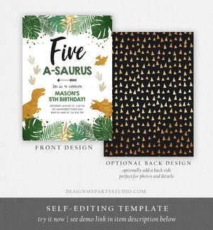 Editable Five-A-Saurus Birthday Invitation ANY AGE Dinosaur Dino Party Boy 5th Fifth Birthday Green Gold Corjl Template Printable 0146