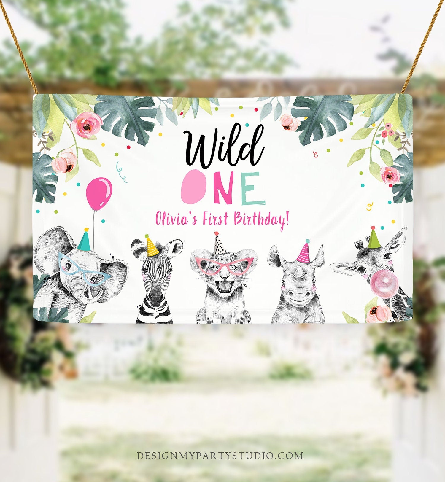 Editable Party Animals Birthday Backdrop Banner Safari Animals Wild One First Birthday Welcome Sign Download Corjl Template Printable 0322