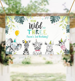 Editable Party Animals Birthday Backdrop Banner Safari Animals Boy Young Wild and Three Welcome Sign Download Corjl Template Printable 0322