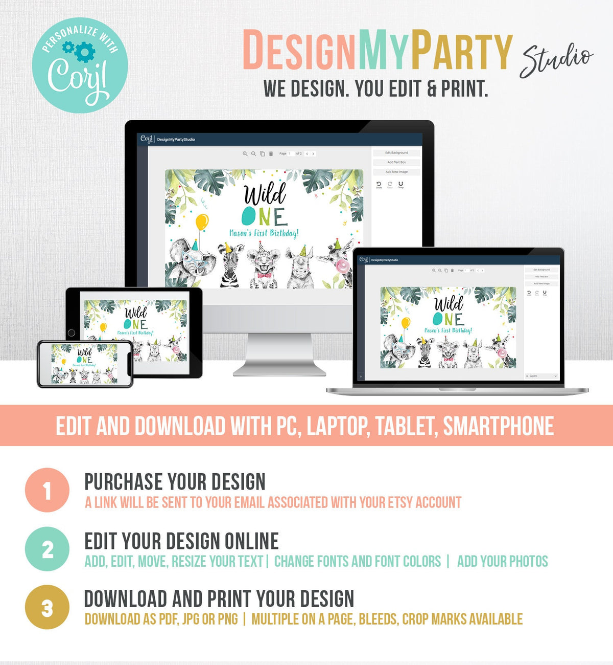 Editable Party Animals Birthday Backdrop Banner Safari Animals Boy Wild One First Birthday 1st Welcome Sign Digital Template Printable 0322