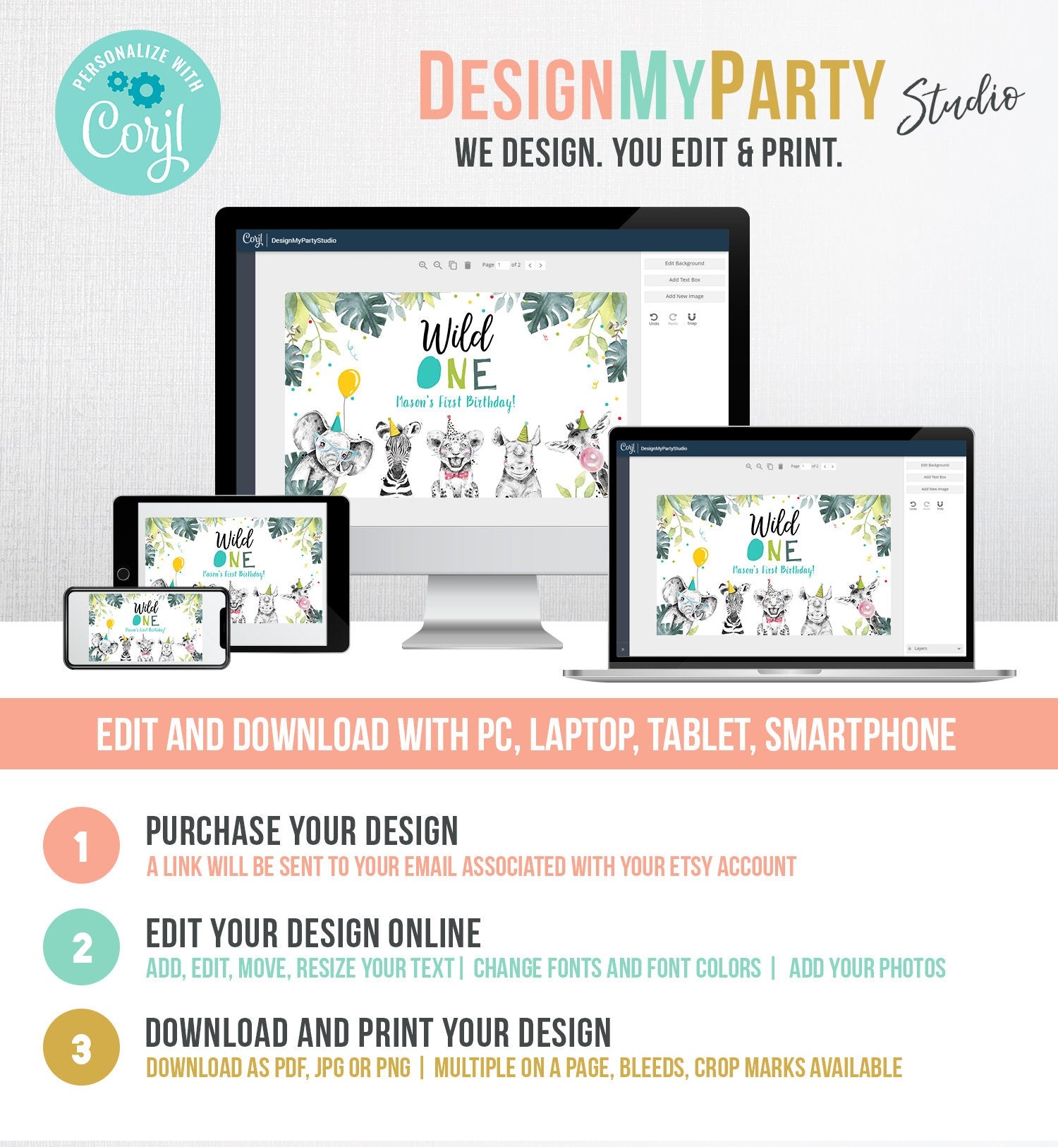 Editable Party Animals Birthday Backdrop Banner Safari Animals Boy Wild One First Birthday 1st Welcome Sign Digital Template Printable 0322