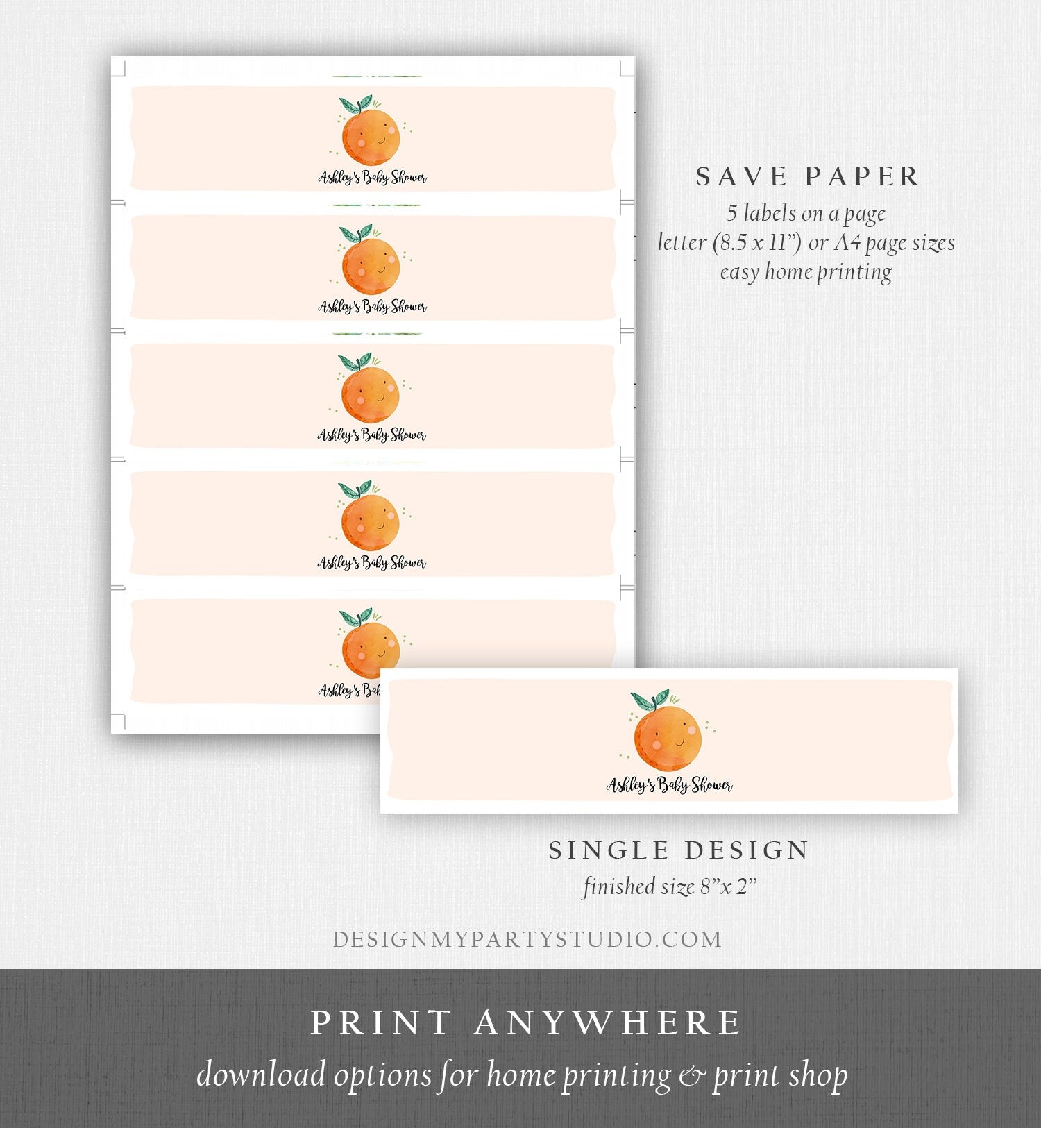 Editable A Little Cutie is on The Way Water Bottle Label Gender Neutral Baby Shower Clementine Orange Digital Template Printable 0330