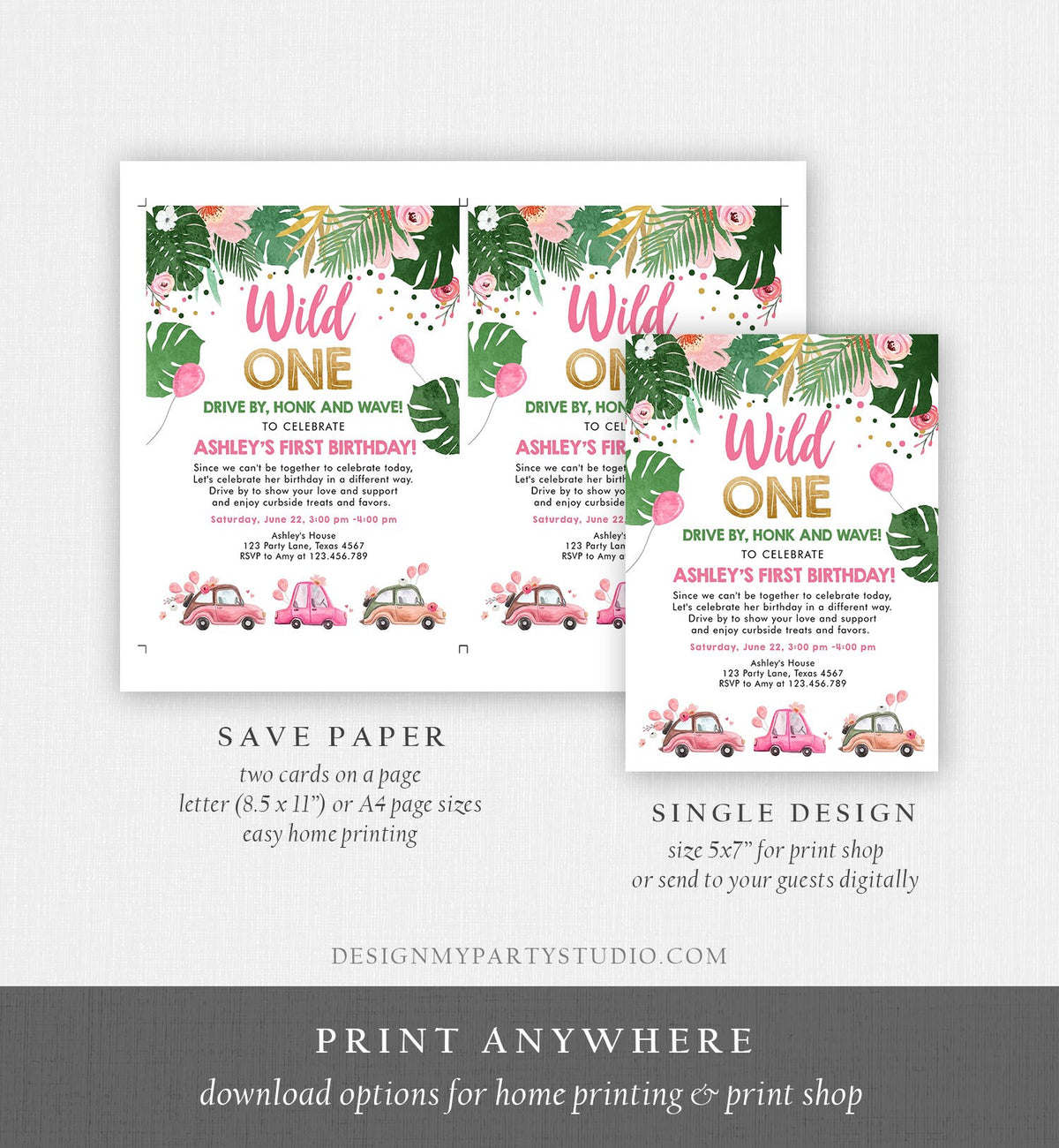 Editable Drive By Birthday Parade Invitation Wild One 1st Birthday Virtual Party Invite Honk Wave Car Girl Pink Safari Digital Corjl 0332