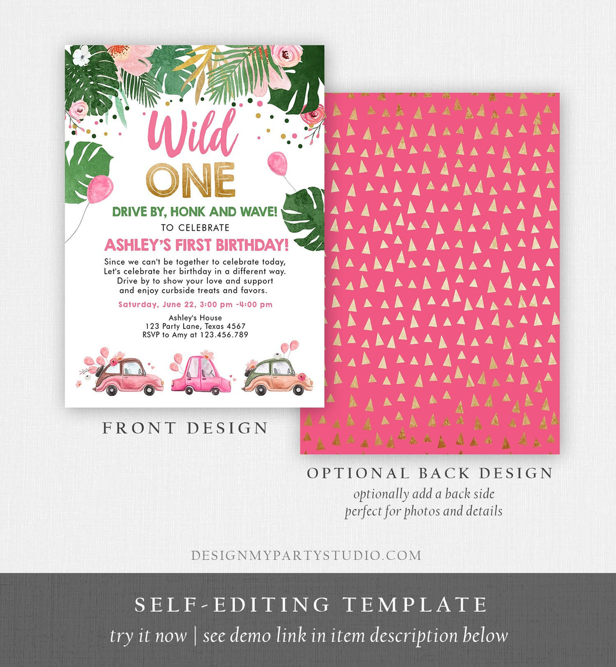 Editable Drive By Birthday Parade Invitation Wild One 1st Birthday Virtual Party Invite Honk Wave Car Girl Pink Safari Digital Corjl 0332