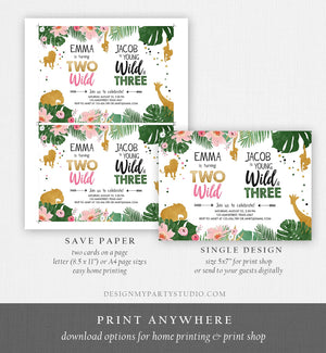 Editable Two Wild Birthday Invitation Wild and Three Boy Girl Safari Animals Jungle Gold Joint Dual Download Printable Corjl Template 0016