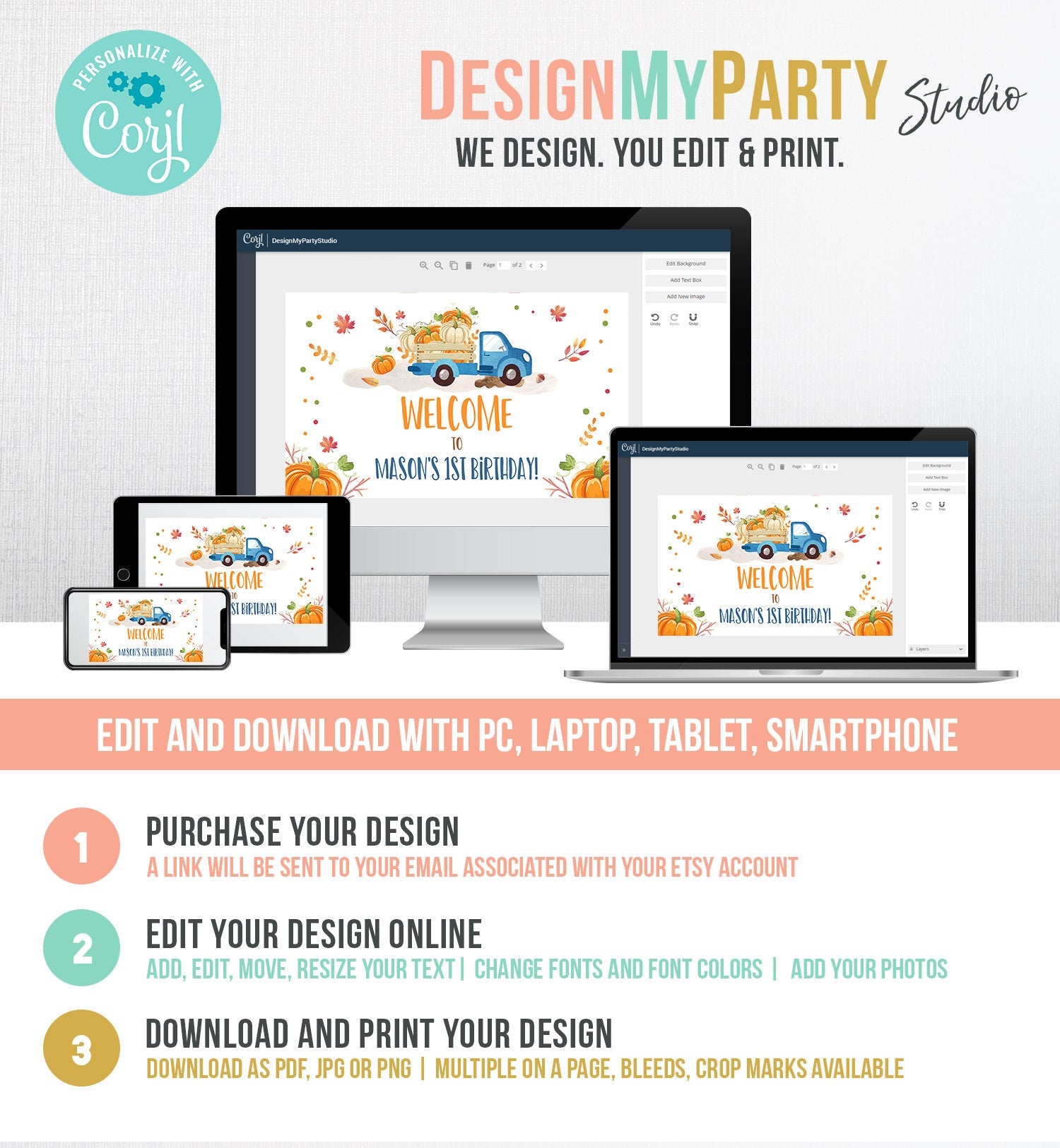 Editable Pumpkin Truck Birthday Backdrop Banner Harvest Party Welcome Sign Fall Pumpkins Blue Orange Download Corjl Template Printable 0153