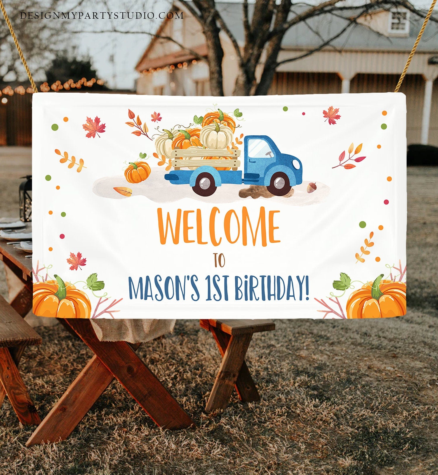 Editable Pumpkin Truck Birthday Backdrop Banner Harvest Party Welcome Sign Fall Pumpkins Blue Orange Download Corjl Template Printable 0153