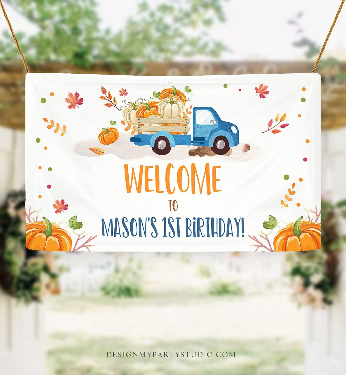 Editable Pumpkin Truck Birthday Backdrop Banner Harvest Party Welcome Sign Fall Pumpkins Blue Orange Download Corjl Template Printable 0153
