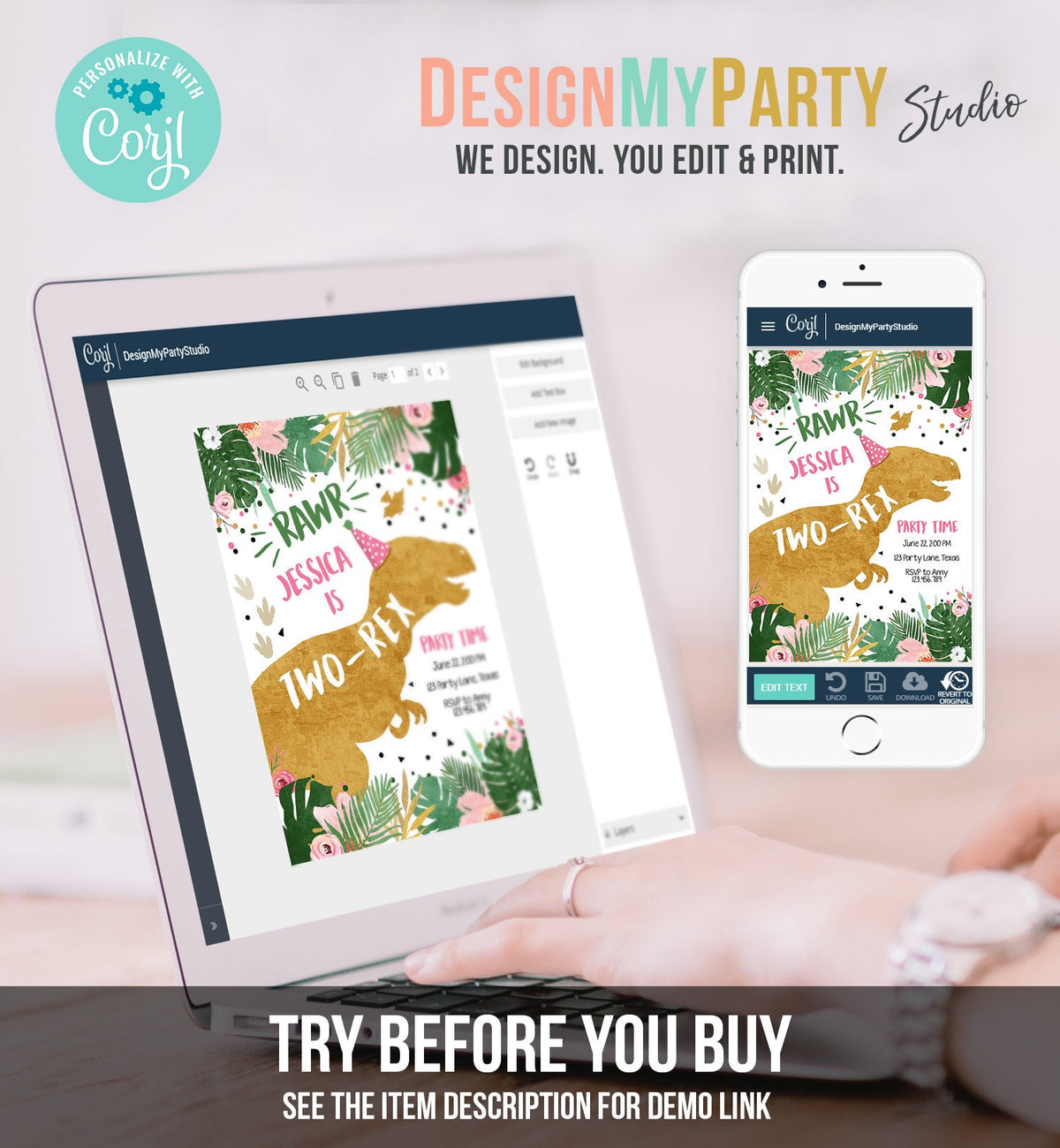 Editable Two-Rex Dinosaur Birthday Invitation Dino TRex Girl Second Birthday 2nd Two Pink Gold Prehistoric Evite Template Printable 0146