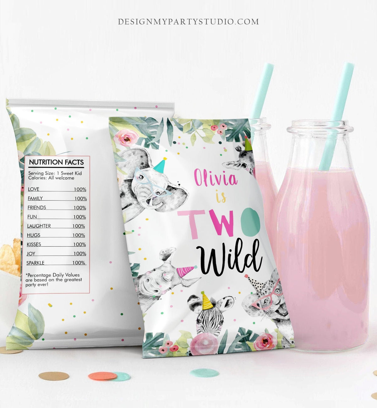 Editable Two Wild Party Animals Birthday Chip Bag 2nd Birthday Decor Girl Zoo Safari Animals Pink Snack Favor Digital Download Template 0322