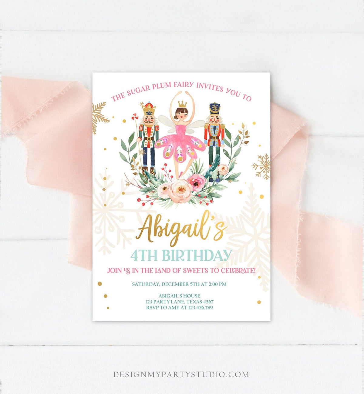 Editable Nutcracker Birthday Invitation Ballet Christmas Birthday Pink Girl Sugar Plum Fairy Digital Download Evite Template Printable 0352