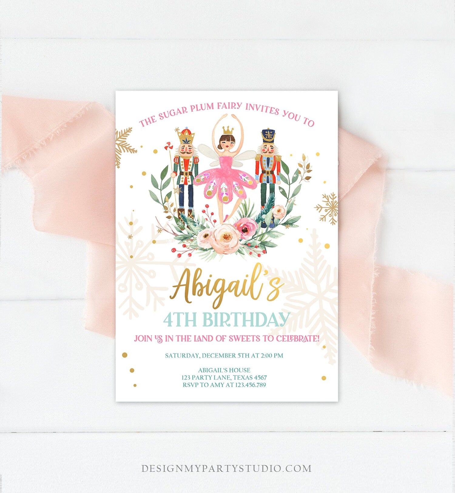 Editable Nutcracker Birthday Invitation Ballet Christmas Birthday Pink Girl Sugar Plum Fairy Digital Download Evite Template Printable 0352