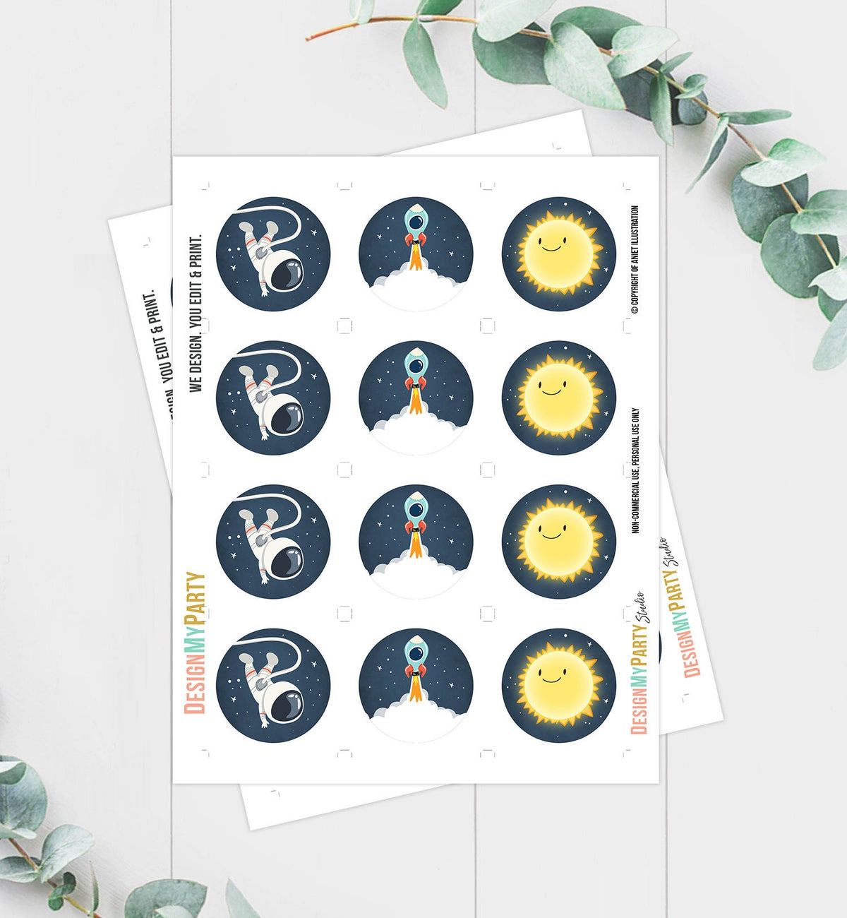 Outer Space Cupcake Toppers Favor Tags Space Birthday Party Decor Astronaut Rocket Moon Boy Stickers Digital Download Printable 0046