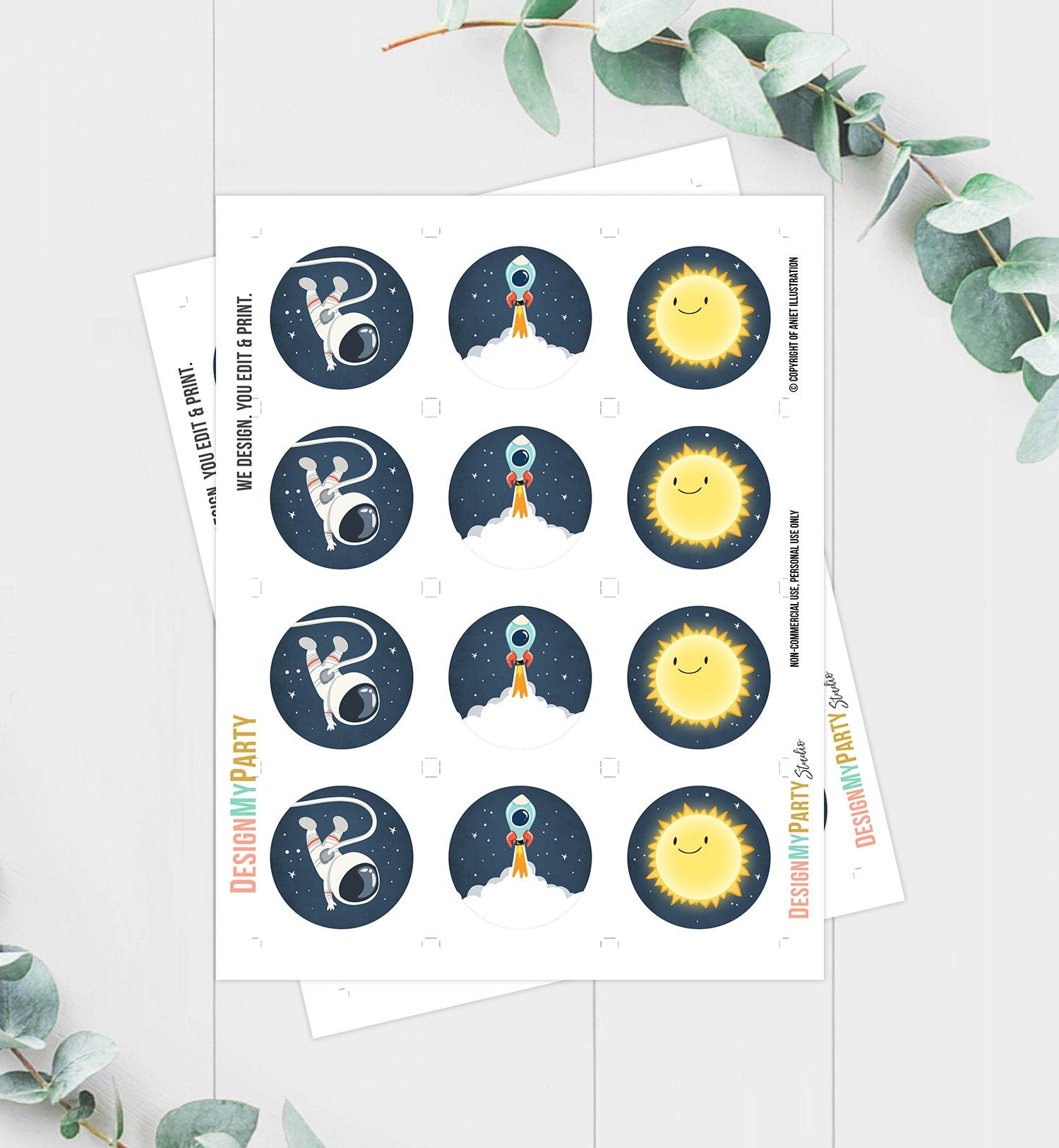 Outer Space Cupcake Toppers Favor Tags Space Birthday Party Decor Astronaut Rocket Moon Boy Stickers Digital Download Printable 0046