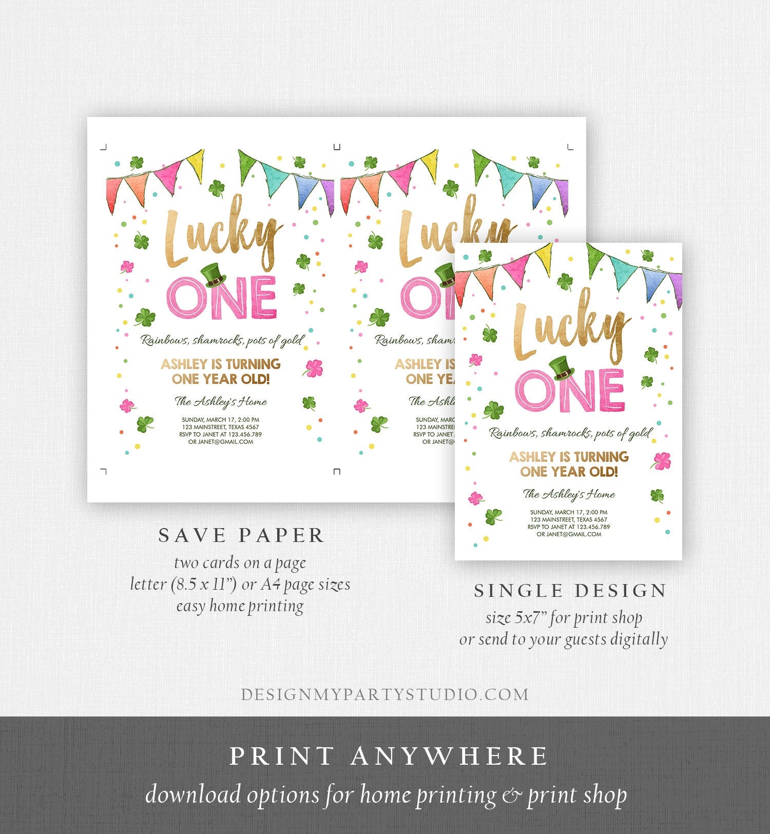 Editable St. Patrick's Day Birthday Invitation Shamrock Clover St Patricks day Birthday Lucky One Girl Printable Invite Template Corjl 0115
