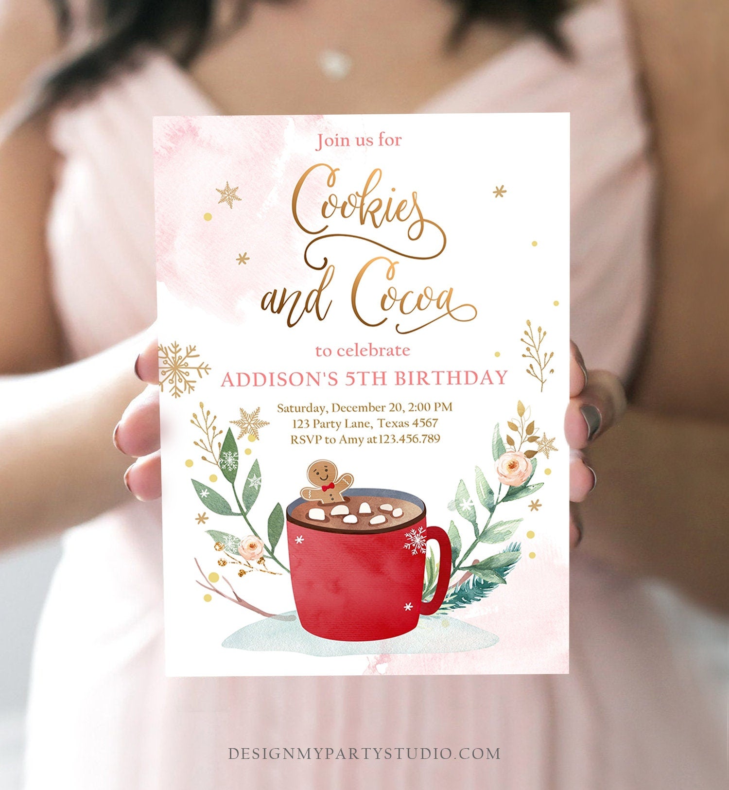 Editable Cookies and Cocoa Invitation Hot Cocoa Party Chocolate Christmas Birthday Girl Pink Gold Digital Download Template Printable 0353