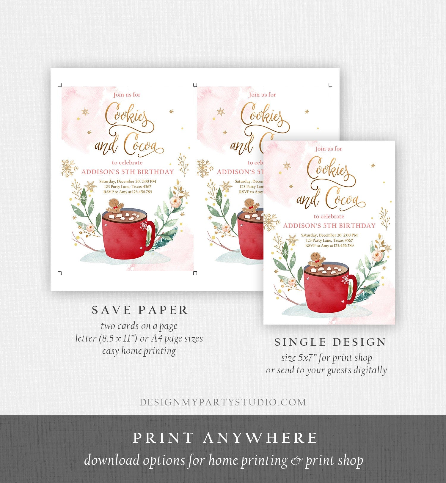 Editable Cookies and Cocoa Invitation Hot Cocoa Party Chocolate Christmas Birthday Girl Pink Gold Digital Download Template Printable 0353