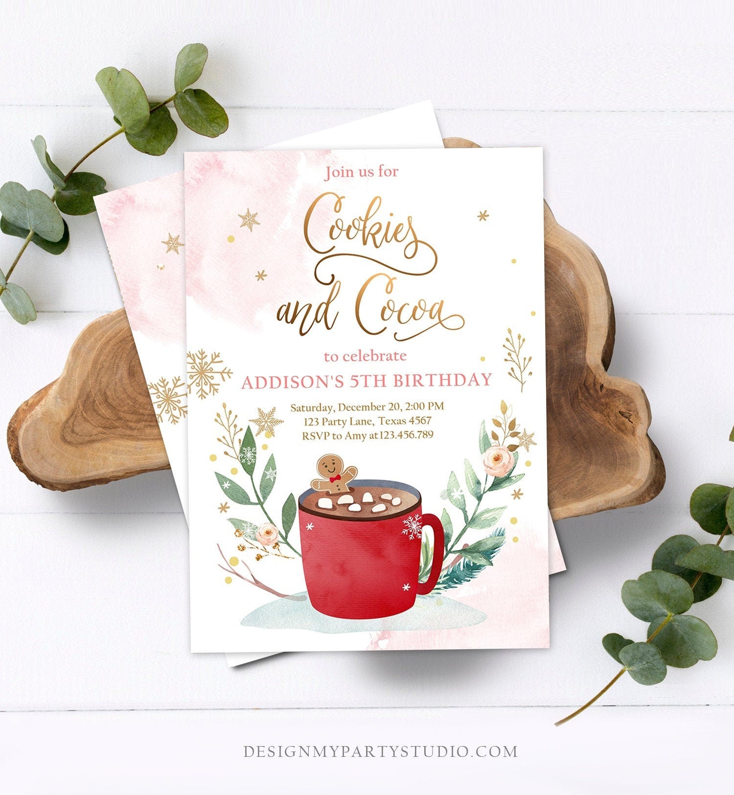 Editable Cookies and Cocoa Invitation Hot Cocoa Party Chocolate Christmas Birthday Girl Pink Gold Digital Download Template Printable 0353