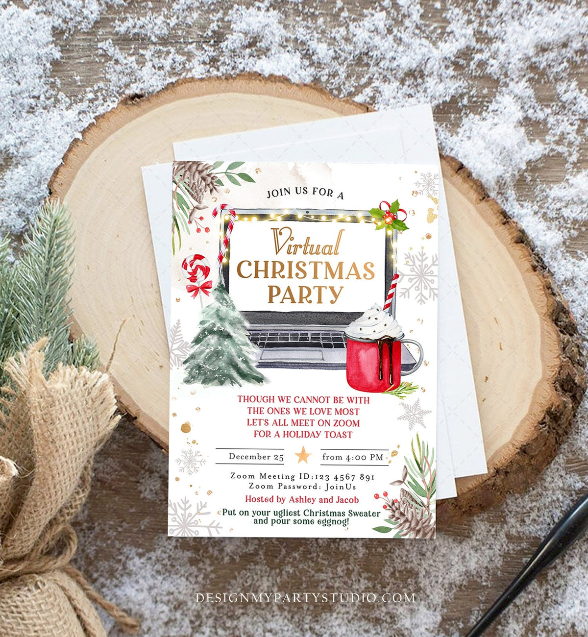 Editable Virtual Christmas Party Invitation Christmas Toast Zoom Laptop Online Meeting Digital Download Evite Template Printable 0356
